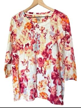 Chico’s Floral T-Shirt 3/4 Sleeves Crew Neck Casual Women's Size Large